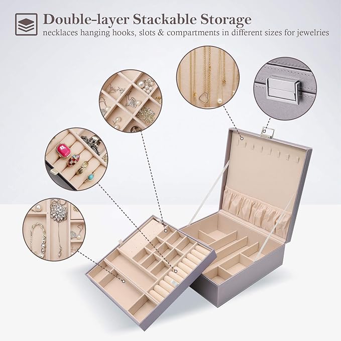 ProCase Jewelry Box for Women, 2 Layers Large Leather Jewelry Organizer Storage Case with Removable Pad for Earrings -Pearliz