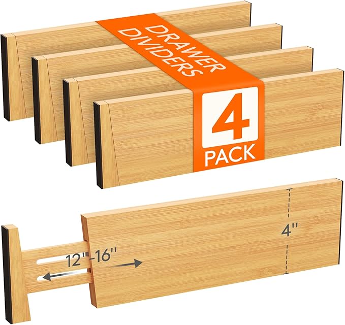 Lifewit 4" High 4 Pack Bamboo Drawer Dividers 31-40cm/12-16 Adjustable Wooden Drawer Organizer for Clothes/Utensils, Expandab