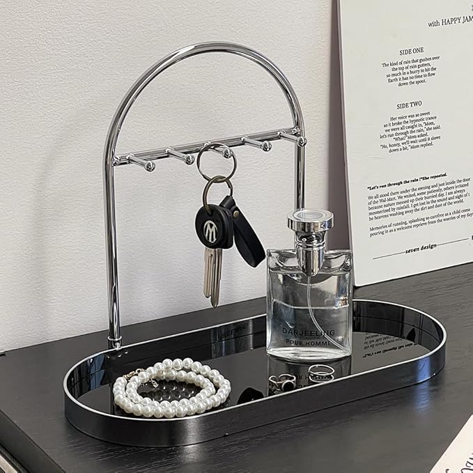 Shinpuru Metal Jewelry Organizer Stand & Key Holder Tray with Acrylic Base, Key Stand and Jewelry Tray with 5 Hooks, Perfect 