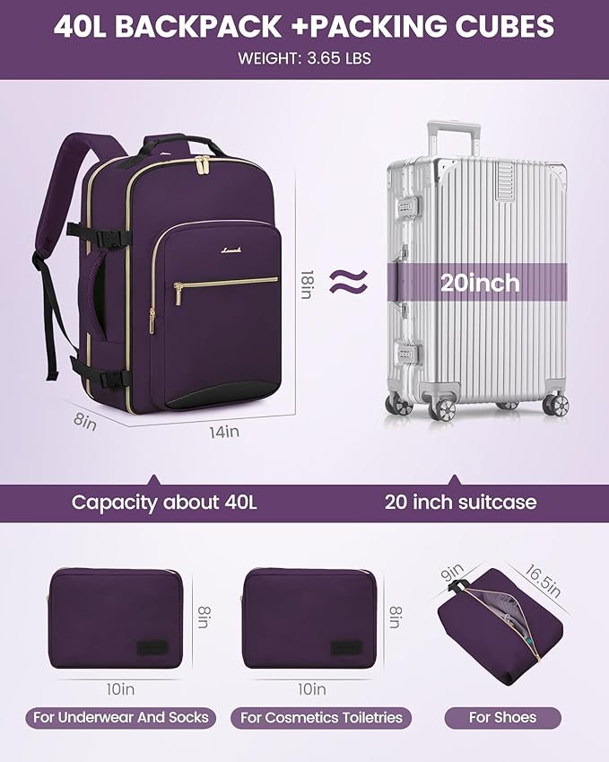 LOVEVOOK Travel Backpack for Women & Men 40L,Airline Approved Carry On Backpack Travel Essentials,TSA Carry on Luggage,Waterp