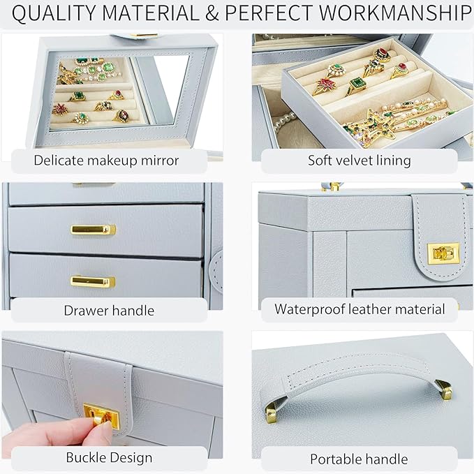 AKOZLIN Functional 6-Tier Jewelry Box Organizer with 5 Drawers Leather Jewelry Storage Case for Women Girls Ring Necklace Ear