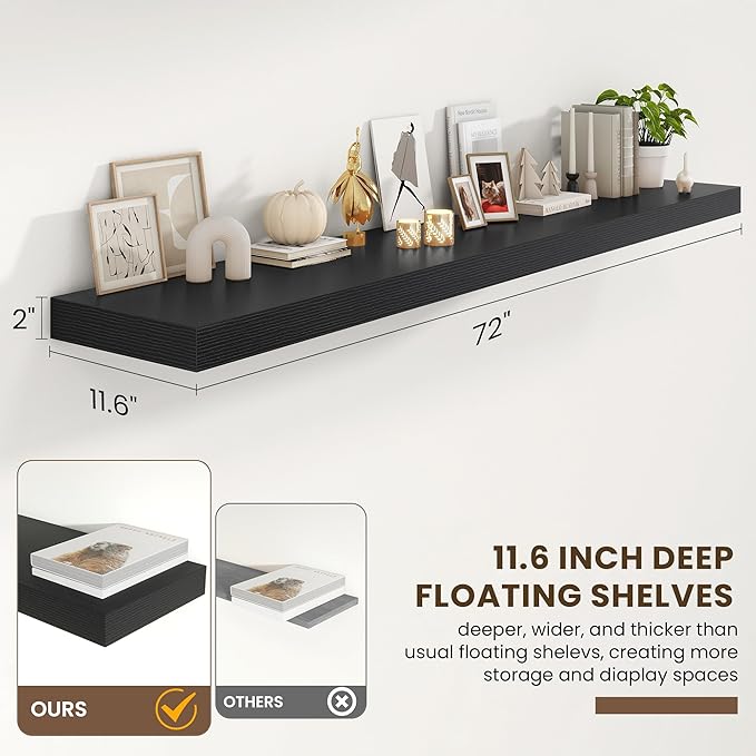 72 Inch Floating Shelves | 12 Inch Deep Black Floating Shelves Set of 2 | 72" W x 12" D Rustic Black Wood Wall Shelves for Ba