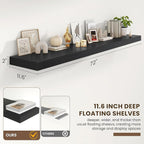 72 Inch Floating Shelves | 12 Inch Deep Black Floating Shelves Set of 2 | 72" W x 12" D Rustic Black Wood Wall Shelves for Ba