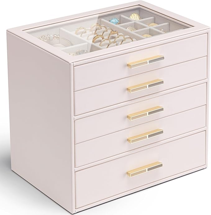Vlando 5 Layer Jewelry Box for Women, Glass Lid Jewelry Organizer with 5 Drawers for Necklaces Rings Earrings Bracelets - Lig