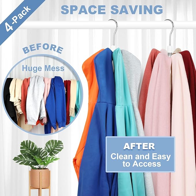 TOPIA HANGER Hoodie Hangers 4-Pack with 6 Wood Balls, 360°Swivel Purse Hanger, Scarf Hanger, Closet Hooks, Handbag Organizer,