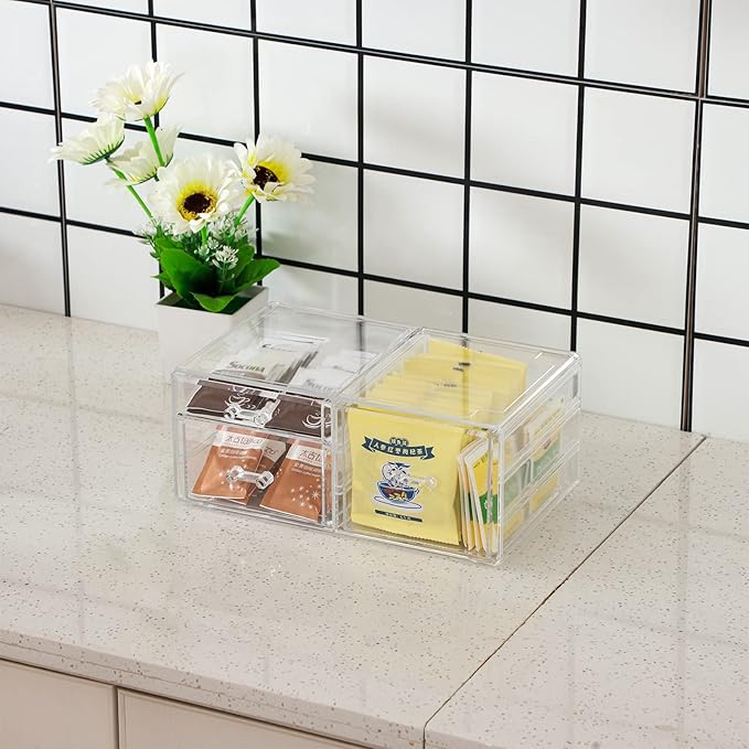 Cq acrylic 1 Pack Clear Stackable Storage Drawers for Vanity,Stackable 3 Drawers Desktop Organizer With Drawers,Cute Desk Sto