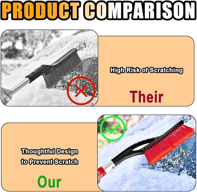 27" Snow Brush and Ice Scrapers for Car Windshield and Window, Detachable Winter Snow Remover Ice Shovel Tool with Ergonomic Foam Grip & No Scratch Bristles, Car Accessories for Truck SUV (Red)