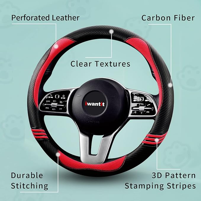 Iwantit® Premium Grip Steering Wheel Cover with Anti-Slip Rubber Ring, Made of Carbon Fiber & Breathable PU Leather, Universa