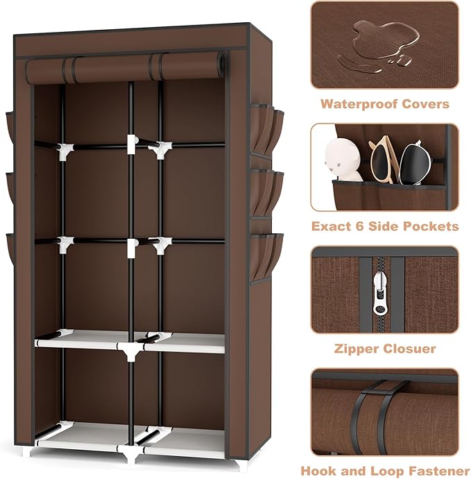 VTRIN Portable Closet Wardrobe for Hanging Clothes with 4 Storage Shelves, 2 Hanging Rods and 6 Pockets, Stable and Easy Asse