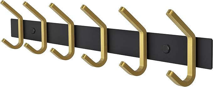 Coat Rack Wall Mount – Black and Gold Hook Rail with 6 Double Coat Hooks, 17 Inch Stainless Steel Wall Hooks for Entryway, Ba
