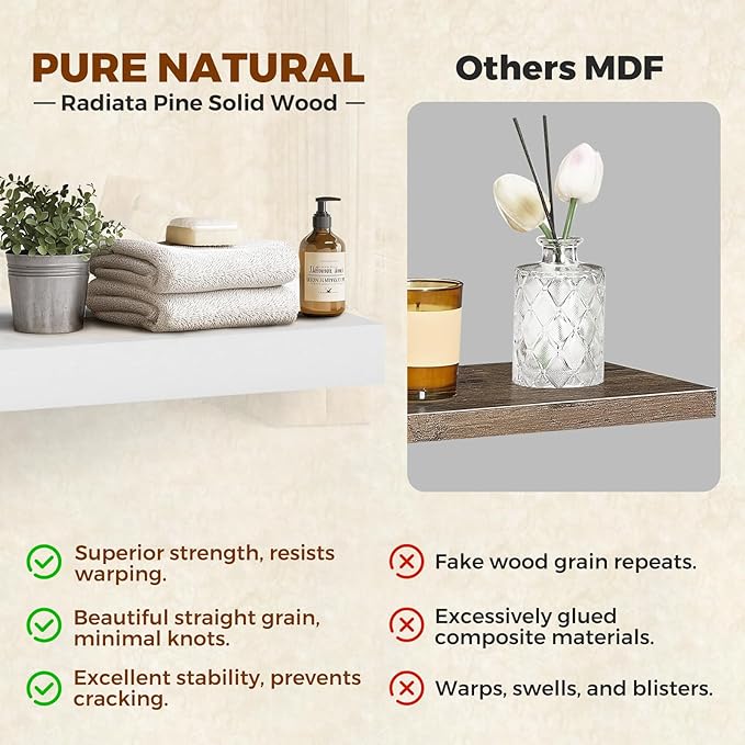 Floating Wall Shelves 30x6.8x1.7 Inch – Solid Wood Rustic Shelves in White Finish – Wall Mounted Heavy Duty Display Shelf for