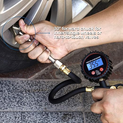 CZC AUTO Digital Tire Inflator Pressure Gauge, LED Display Tyre Deflator Gage with Dual Head Chuck Rubber Hose MNPT Fitting, Compatible with Air Pump Compressor for Truck RV Car Motorcycle Bike Bus