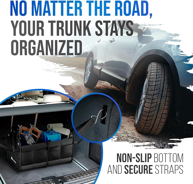 Car Trunk Organizer - Large Collapsible Storage Box with Adjustable Compartments - Heavy-Duty Cargo Organizer for SUV, Truck &