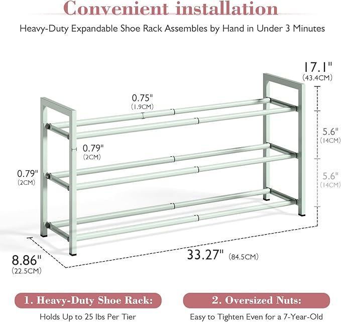 Bumusty 3-Tier Expandable Shoe Rack for Closet, 18“-33” Adjustable Shoe Rack for Small Space, Small Shoe Organizer for Front 