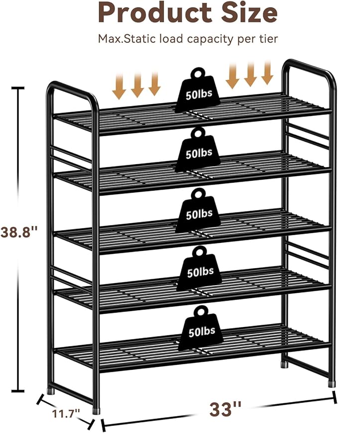 Shoe Rack Stackable, 5 Tier All Metal Free Standing Shoe Storage for Garage, Heavy Duty & Adjustable, Black
