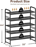 Shoe Rack Stackable, 5 Tier All Metal Free Standing Shoe Storage for Garage, Heavy Duty & Adjustable, Black