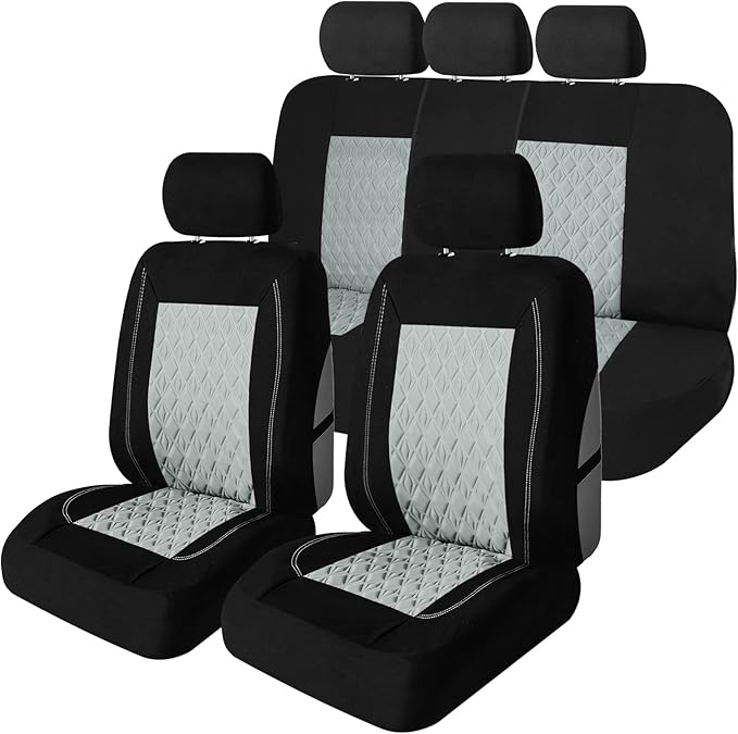Universal Fit Diamond Stitched Flat Cloth Car Seat Covers Full Set - Gray