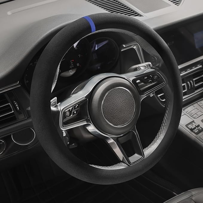 Suede Steering Wheel Cover with Upgraded Silicone Inner Ring, Breathable, Anti-Slip, Leather Universal 14.5 to 15 Inch Steeri