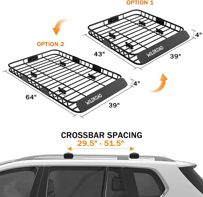WILDROAD Car Roof Cargo Carrier Combo of Upgraded 64"x 39"x 4" Roof Rack Cargo Basket with 21 Cubic ft Ultra Waterproof Anti-Tear Fabric Cargo Carrier Bag and Super Duty Bungee Cargo Net