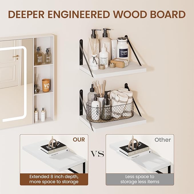 Vivelove Floating Shelves for Wall 16inch, 8 Deep Wood Wall Shelves Set of 2, for Bathroom Living Room Kitchen Office Bedroom