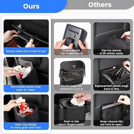1797 Car Trash Can for Back Seat, Automotive Garbage Bin Clip on Front Seat Back, PU Leather with Leakproof Removable Plastic Liner, 0.42 Gallon Capacity for Small Trash