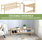 ROMGUAR CRAFT 2-Tier Bamboo Long Shoe Rack, Free Standing Wood Shoe Shelf Storage Organizer for Closet Entryway Stackable 35"