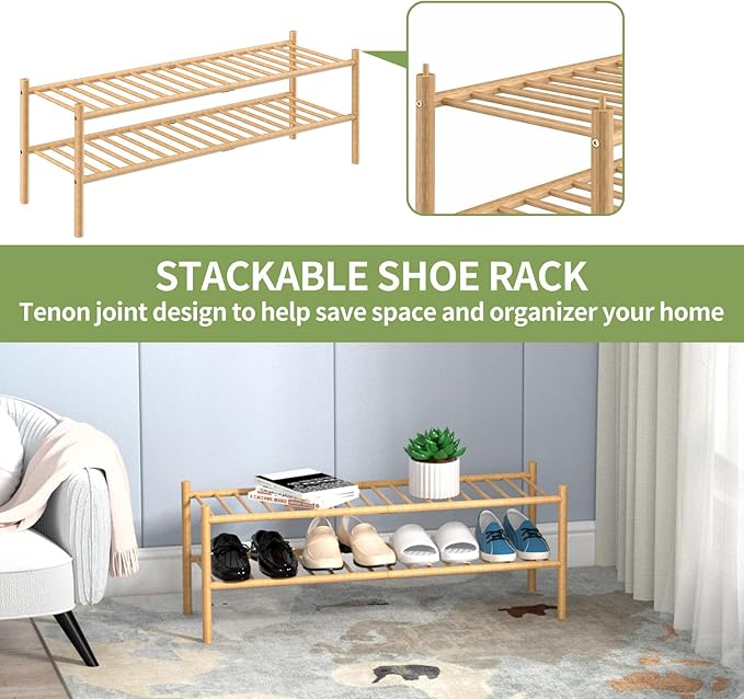 ROMGUAR CRAFT 2-Tier Bamboo Long Shoe Rack, Free Standing Wood Shoe Shelf Storage Organizer for Closet Entryway Stackable 35"
