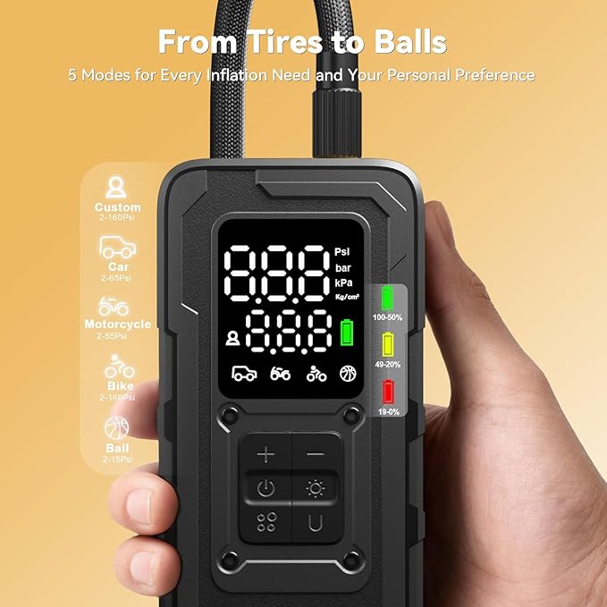 Tire Inflator Portable Air Compressor, Up to 160 PSI Car Tire Inflator, Cordless Air Pump, Portable Tire Pump with Gauge - Portable Tire Inflators for Car, Light Pickup, Bike and More