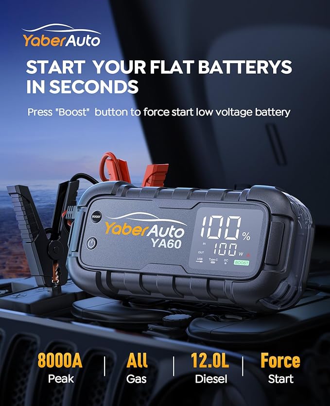 YaberAuto Jump Starter 8000A 65W Fast Charging (All Gas/12.0L Diesel) Portable Car Battery Jump Starter Pack, Jump Box Car