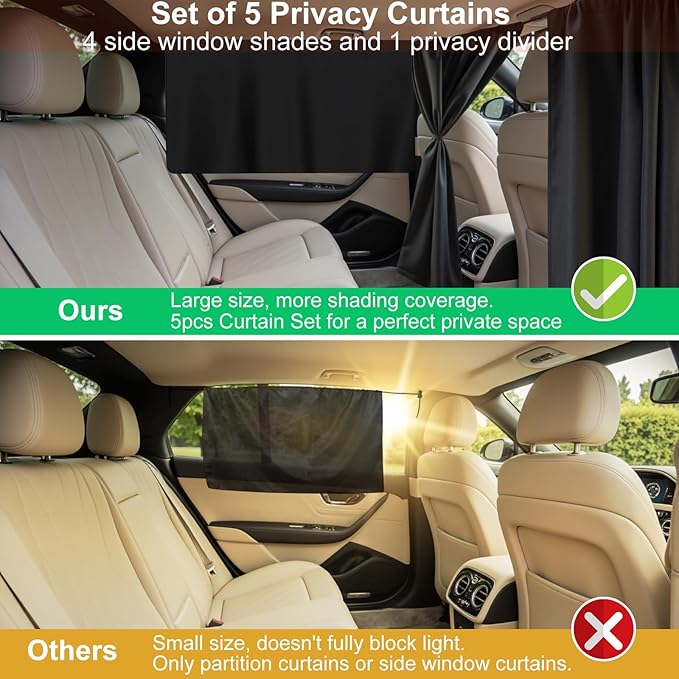 5Pcs Car Window Shades, 4 Pcs Car Side Window Sun Shades & 1 Rear Seat Divider Curtain with Storage Bag, UV Protection Baby Window Covers, Privacy Protection Window Screen Fit for Most of Cars