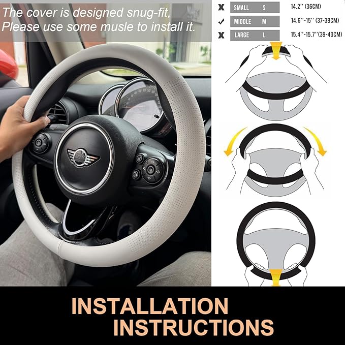 PINCTROT Nappa Leather Steering Wheel Cover, Slim Fit No Bulk Design, One Piece Leather with Breathable Perforation, Fit Like