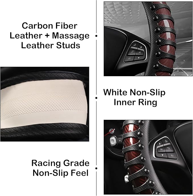 3D Massage Car Steering Wheel Cover,14.5-15 Inch Universal Brown Carbon Fibre Leather Covers Breathable Anti-Slip Odorless St