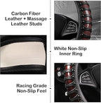 3D Massage Car Steering Wheel Cover,14.5-15 Inch Universal Brown Carbon Fibre Leather Covers Breathable Anti-Slip Odorless St