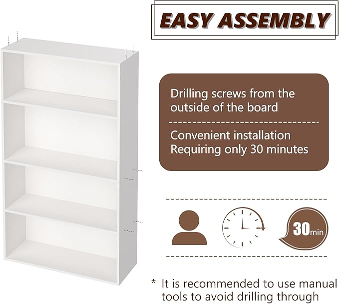 Wooden 4 Tier Book Shelf，4 Cube Storage Organizer, 44 Inch Versatile Cubes Shelf and Cubby Unit for Any Space (White, 4 Cube-