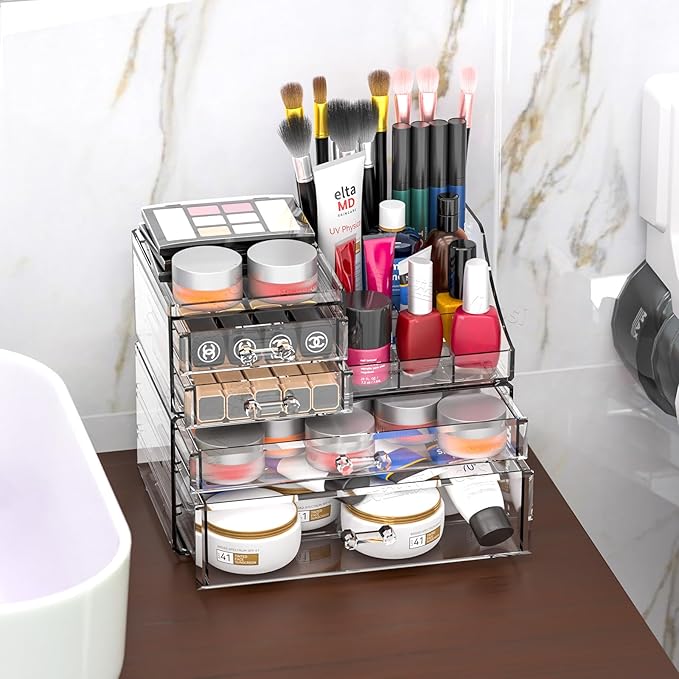 SUOXING Clear Acrylic Makeup Organizer for Vanity,Bathroom,Dresser,4 Drawer Make up Organizers for Counter,Plastic Countertop