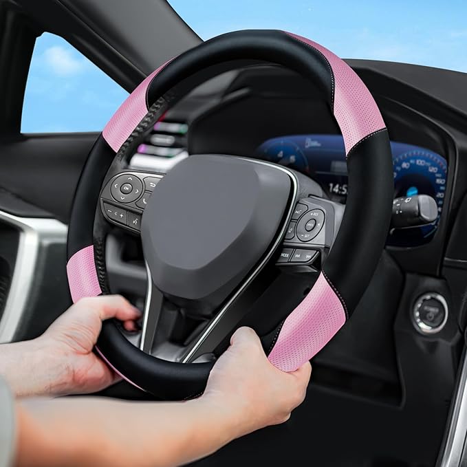 Soft Leather Steering Wheel Cover with Breathable Design and Anti-Slip Grip, Fully Compatible with Tesla, Toyota, Honda, Niss