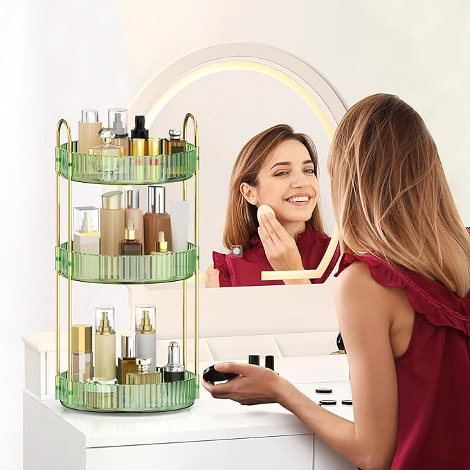 MOKANI 360 Rotating Makeup Organizer for Vanity, 3 Tier Adjustable Perfume Organizer for Dresser, Multi-Function Spinning Cos