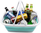 SAMMART 9.2L (2.37Gallon) Collapsible Tub with Handle - Portable Outdoor Picnic Basket/Crater - Foldable Shopping Bag - Space Saving Storage Container (1, White/Lake Green)