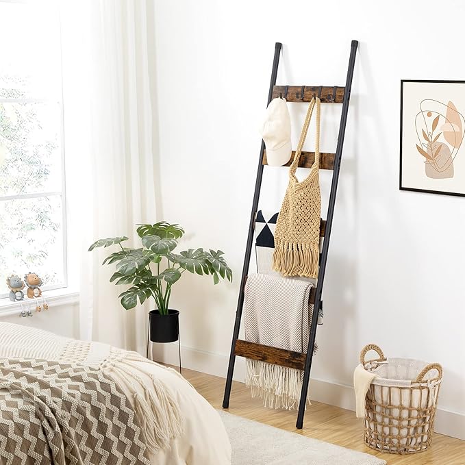 HOOBRO Blanket Ladder, 5-Tier Towel Rack with Hooks, Wall-Leaning Blanket Rack, Decorative Display Ladder Shelf, for Scarves,