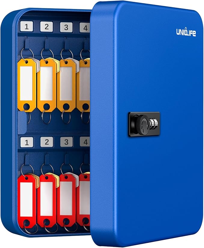 Uniclife 28 Keys Steel Key Cabinet with Resettable Code Blue Wall Mounted Key Organizer with Combination Lock Digital Securit