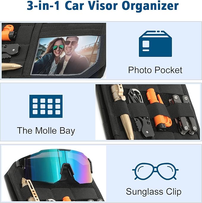 Upgraded Molle Car Sun Visor Organizer, Semi-Rigid MOLLE Panel No Sagging with Zipper Storage Pouch & Glasses Clip, Tactical Gear for Trucks SUVs Cars - Universal Fit