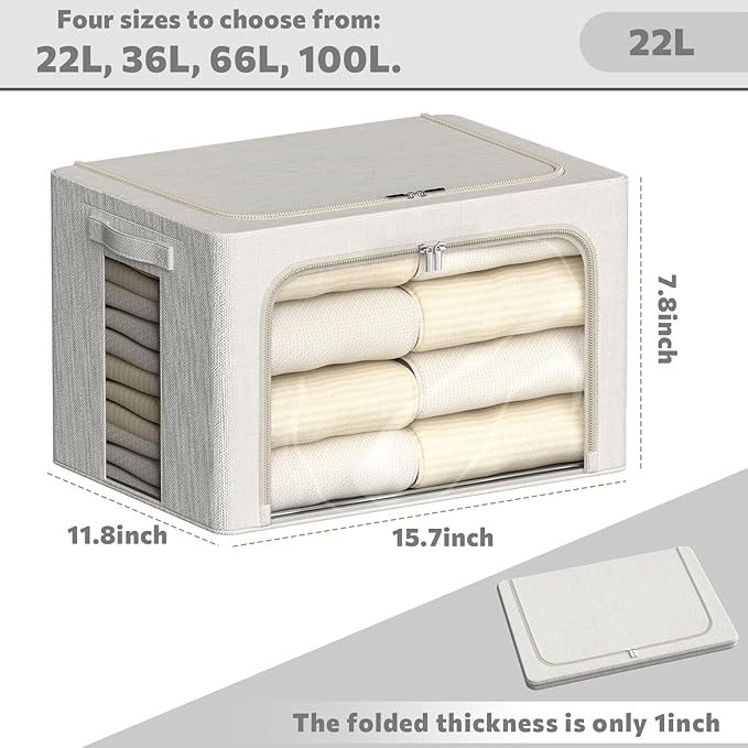 FHSQX 6 Pack Clothes Storage Bins with Metal Frame Foldable Storage Bins for Clothes Linen Fabric Storage Box with Clear Wind