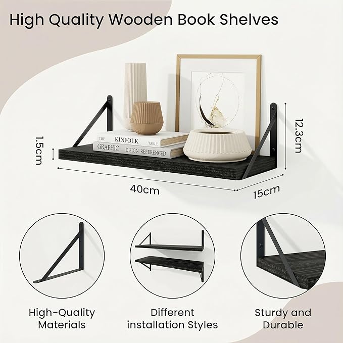 Floating Bookshelf with Brackets, Black Floating Shelves, 16 inch Wall Shelves Set of 3, Particle Board Wooden Shelf for Kitc