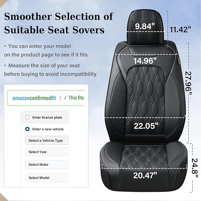 Coverado Car Seat Cover, Black Seat Cover for Cars, Luxury Leather Seat Covers Full Set with Embossed Pattern, Waterproof Car