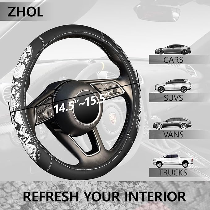 ZHOL Snake Skin Leather Steering Wheel Cover,Black and White Animal Fur Car Accessory Steering Wheel Cover,Universal 14.5-15i