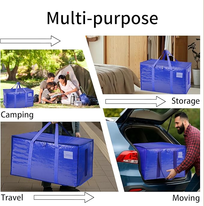 4 Pack-Extra Large Heavy Duty Moving Bags - Waterproof Storage Totes with Handles & Zippers, Foldable for College Dorm, Stora