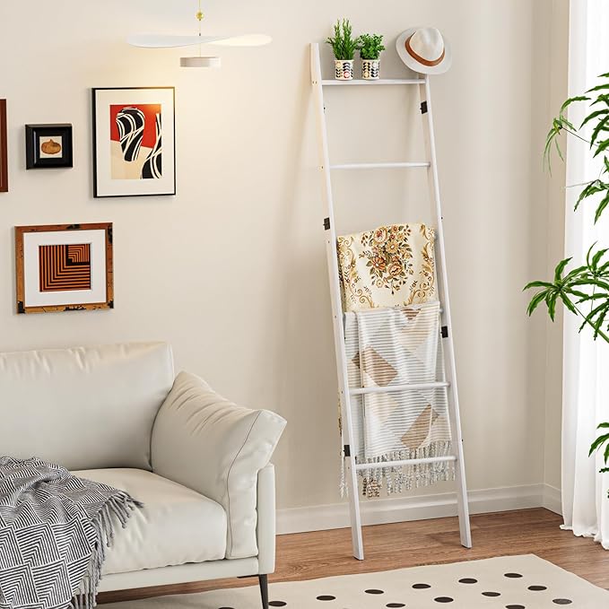 BAMBANG 6-Tier Blanket Ladder for Living Room, Blanket Quilt Ladder Rack Rustic Decorative Towel Holder, Wall Leaning Blanket