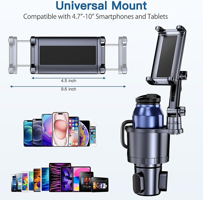 Cup Holder Phone Tablet Mount, 2 in 1 Car Cup Holder with Expander Adjustable Long Arm for Car,360°Rotation Phone Tablet Mount Compatible for iPad, All Smartphones and Most Bottles