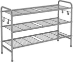 VILICK 3 Tier Shoe Rack 33" Wide Metal Shoe Organizer Long Shoe Storage with 4 Side Hooks Sturdy Shoes Shelf for Front Door E
