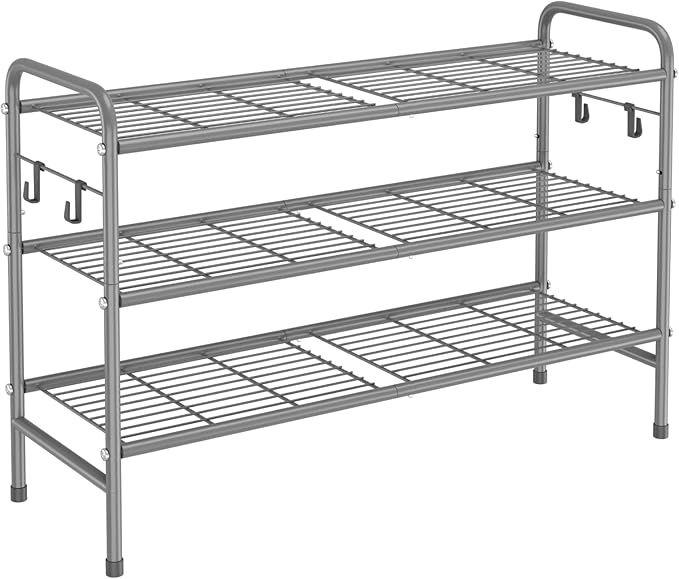 VILICK 3 Tier Shoe Rack 33" Wide Metal Shoe Organizer Long Shoe Storage with 4 Side Hooks Sturdy Shoes Shelf for Front Door E